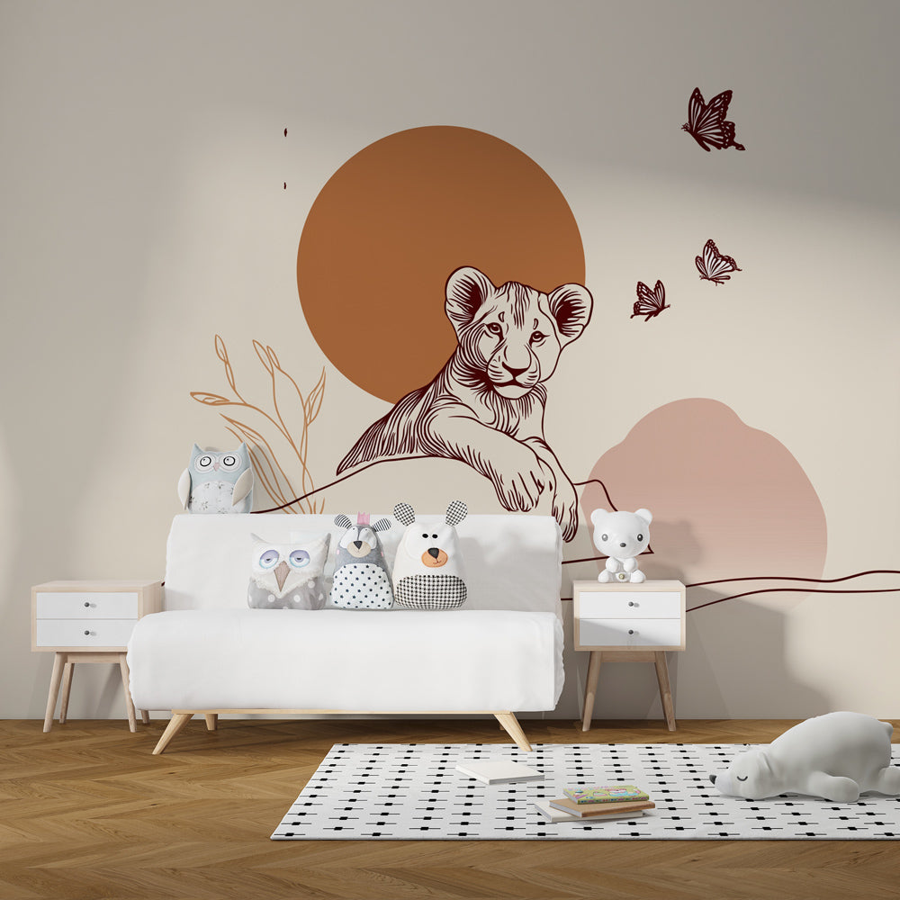 Safari wallpaper featuring lion cub and butterflies in cozy children's bedroom decor