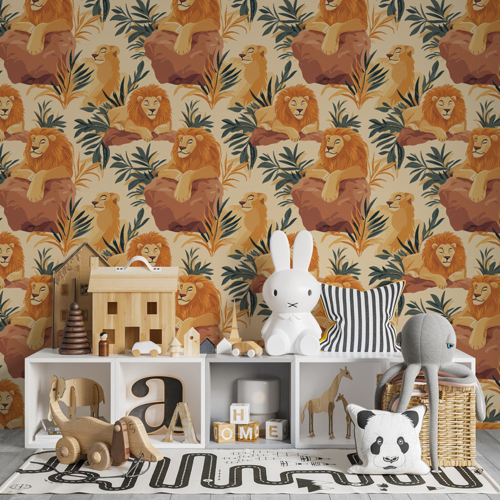 Majestic lion wallpaper transforming kids bedroom into African savanna adventure space