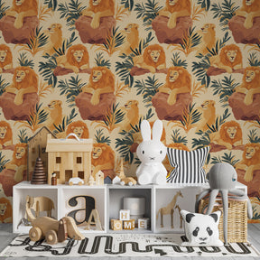 Majestic lion wallpaper transforming kids bedroom into African savanna adventure space