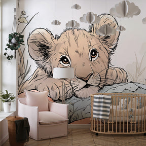 Safari animal wallpaper creating adventurous kids bedroom with gentle lion and butterfly theme