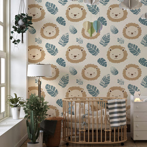 Safari animal wallpaper with friendly lions and foliage decorating children's bedroom space