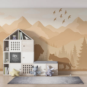 Majestic lion and cub wallpaper transforming children's bedroom with natural mountain scenery