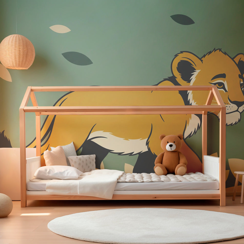 Safari-themed mural wallpaper with playful lion cub in modern children's bedroom setting