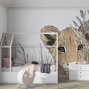 Curious lion cub wallpaper in modern children's bedroom with natural wood furniture