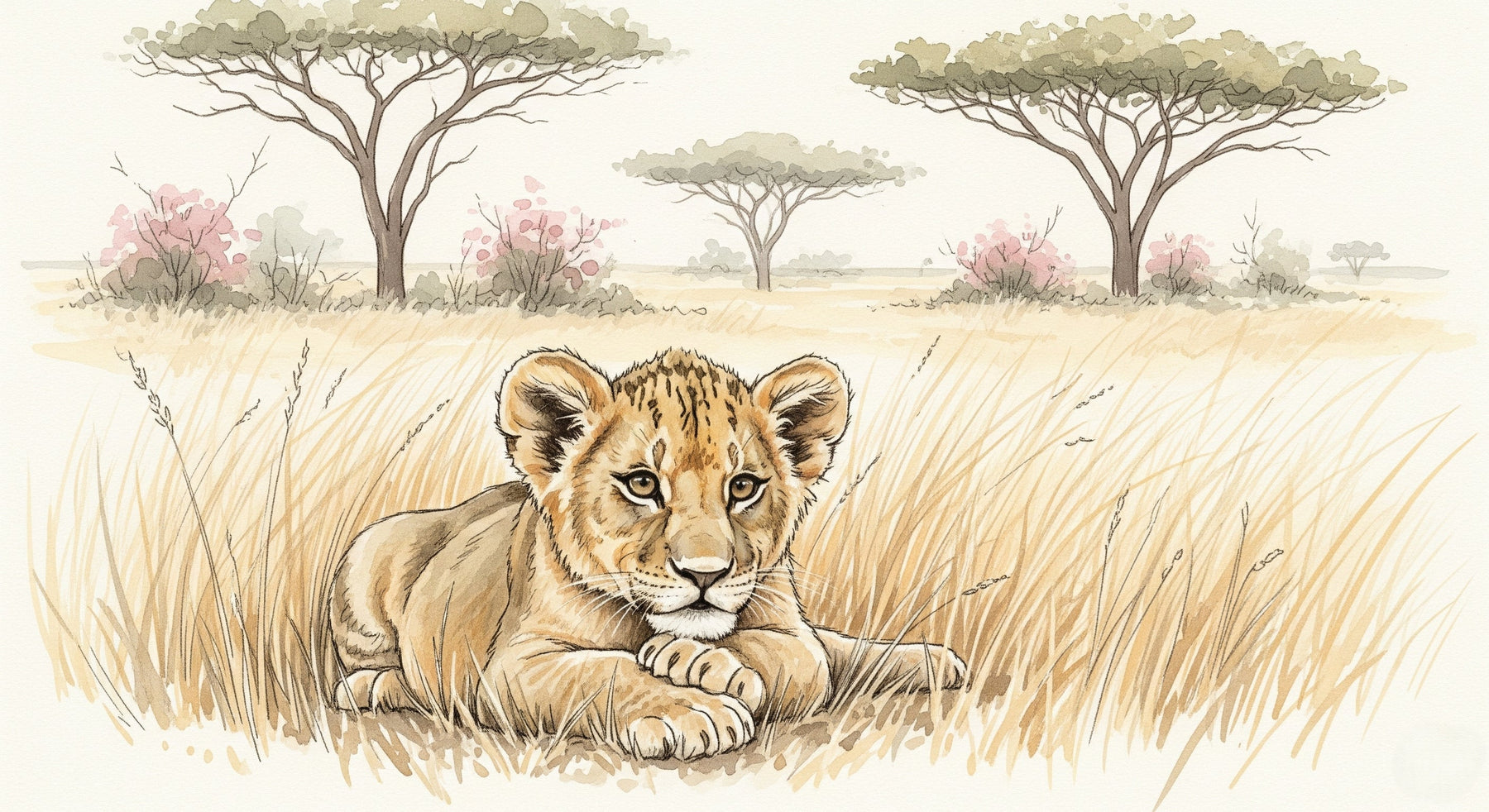 Detailed baby lion in savanna mural wallpaper design pattern by Kids-Mundo