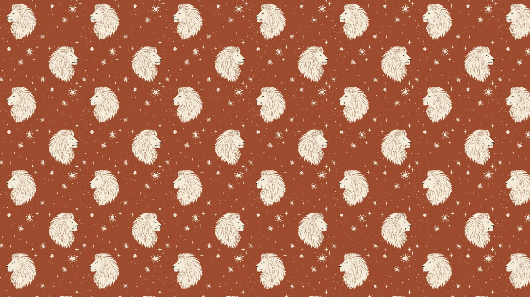 Detailed lion head mural wallpaper design pattern with stars on rust background by Kids-Mundo