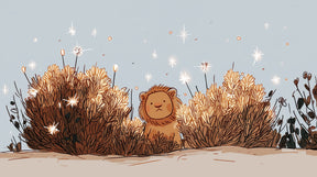 Detailed lion cub mural wallpaper design pattern with sparkling foliage by Kids-Mundo