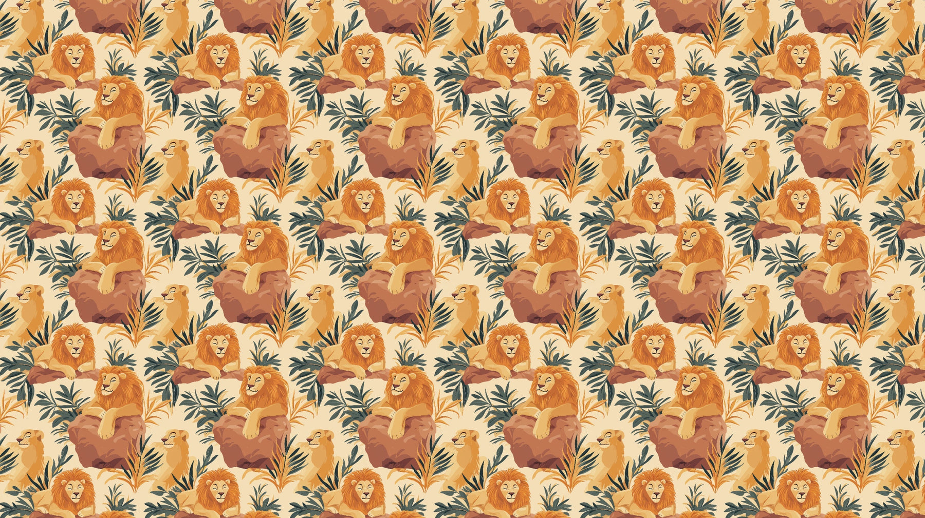 Detailed lion safari mural wallpaper design pattern with tropical leaves by Kids-Mundo