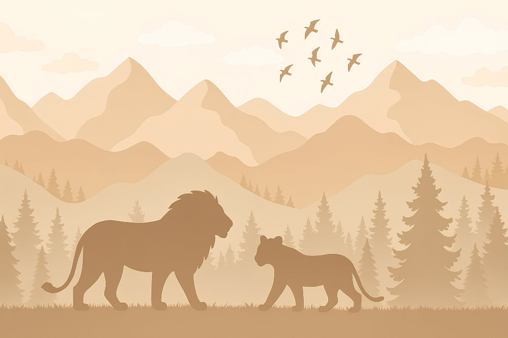 Detailed lion safari mural wallpaper design pattern with mountain landscape by Kids-Mundo