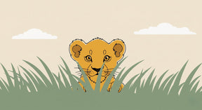 Detailed lion cub in savanna grass mural wallpaper design pattern by Kids-Mundo