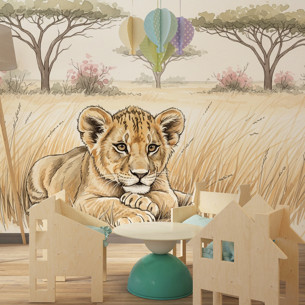 Lion savanna wallpaper transforming children's bedroom into safari adventure space