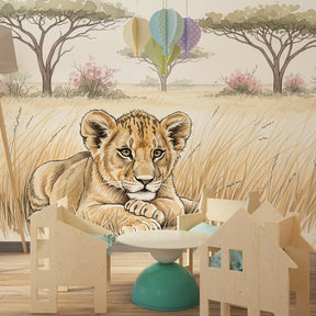 Lion savanna wallpaper transforming children's bedroom into safari adventure space