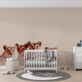 African lion wallpaper creating adventurous atmosphere in children's bedroom decor