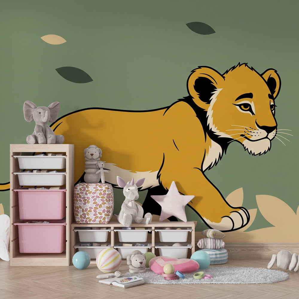Young lion safari mural wallpaper transforming kids room into African adventure space by Kids-Mundo