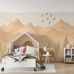 Safari wildlife mural wallpaper with warm beige tones in cozy children's room setting