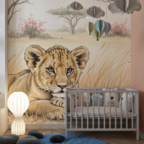Safari theme baby lion mural wallpaper with natural kids room furniture by Kids-Mundo