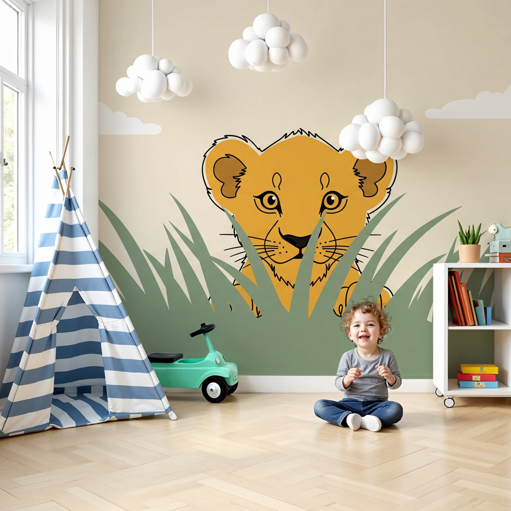 Lion safari mural wallpaper in modern nursery with neutral decor by Kids-Mundo