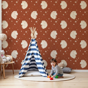 Lion head mural wallpaper creating safari-themed nursery with elegant rust background by Kids-Mundo
