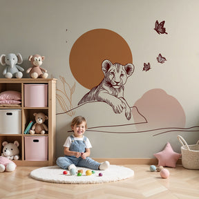 Lion cub safari mural wallpaper in peaceful nursery with natural wood crib by Kids-Mundo