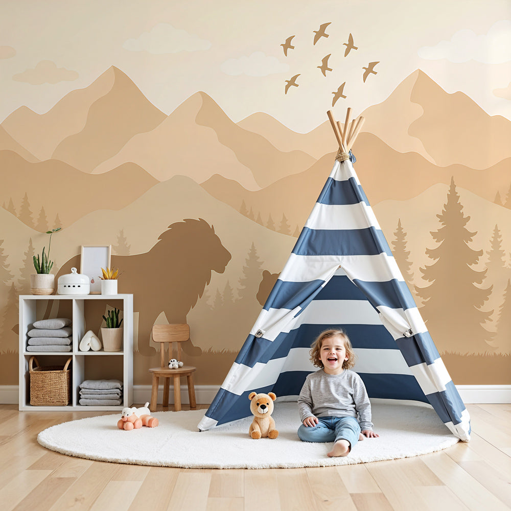Lion safari mural wallpaper creating peaceful wildlife atmosphere in modern nursery by Kids-Mundo