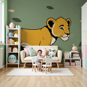 Lion safari mural wallpaper creating adventurous nursery decor with young cub and dancing leaves by Kids-Mundo