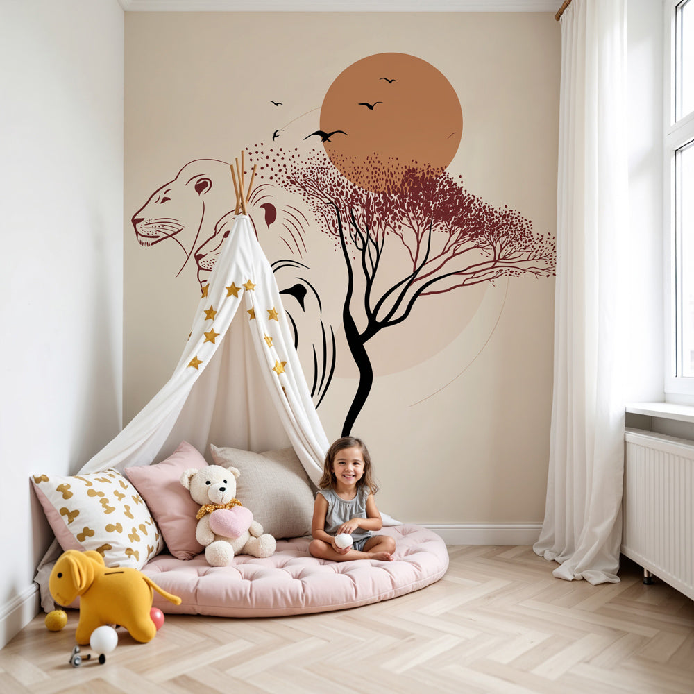 Lion safari mural wallpaper with sunset scene decorating modern nursery by Kids-Mundo