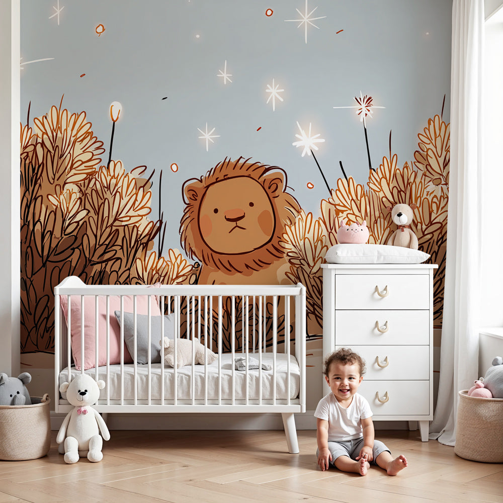 Lion safari mural wallpaper in modern nursery with natural wood crib by Kids-Mundo