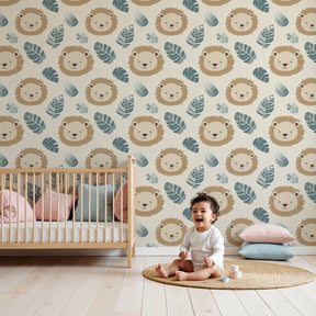 Lion safari mural wallpaper creating gentle jungle atmosphere in modern kids nursery by Kids-Mundo
