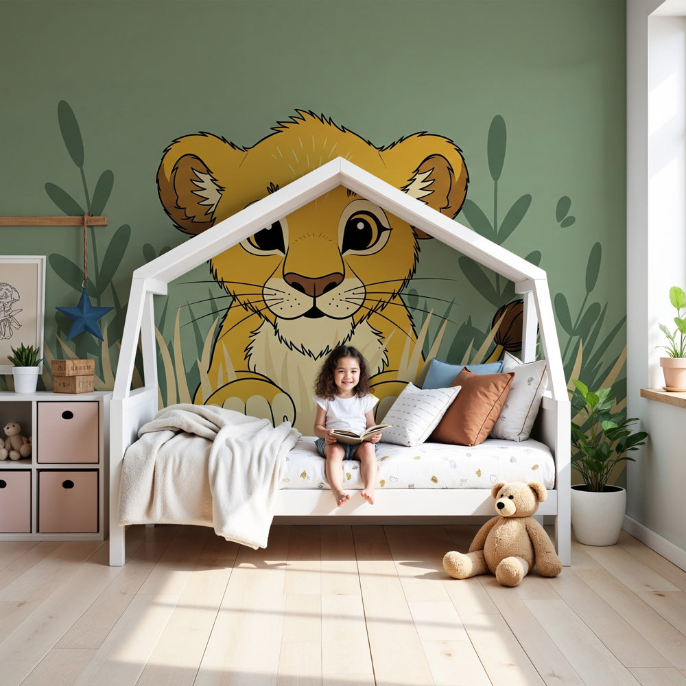 Lion safari mural wallpaper creating adventurous nursery decor with natural wood furniture by Kids-Mundo