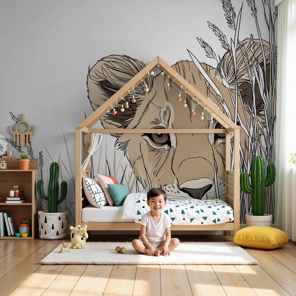 Lion safari mural wallpaper creating cozy wildlife nursery decor by Kids-Mundo