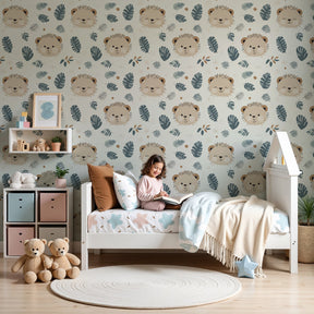 Lion safari mural wallpaper creating tropical adventure atmosphere in modern kids nursery by Kids-Mundo