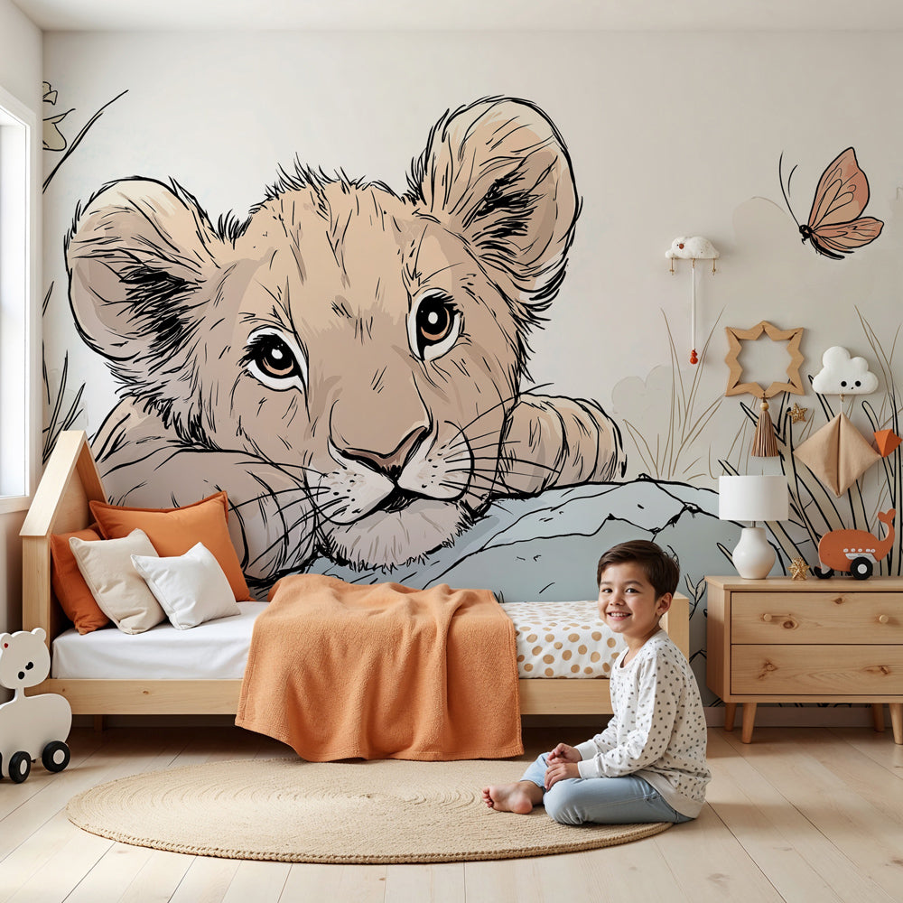 Lion safari mural wallpaper with curious cub and butterflies in modern nursery by Kids-Mundo
