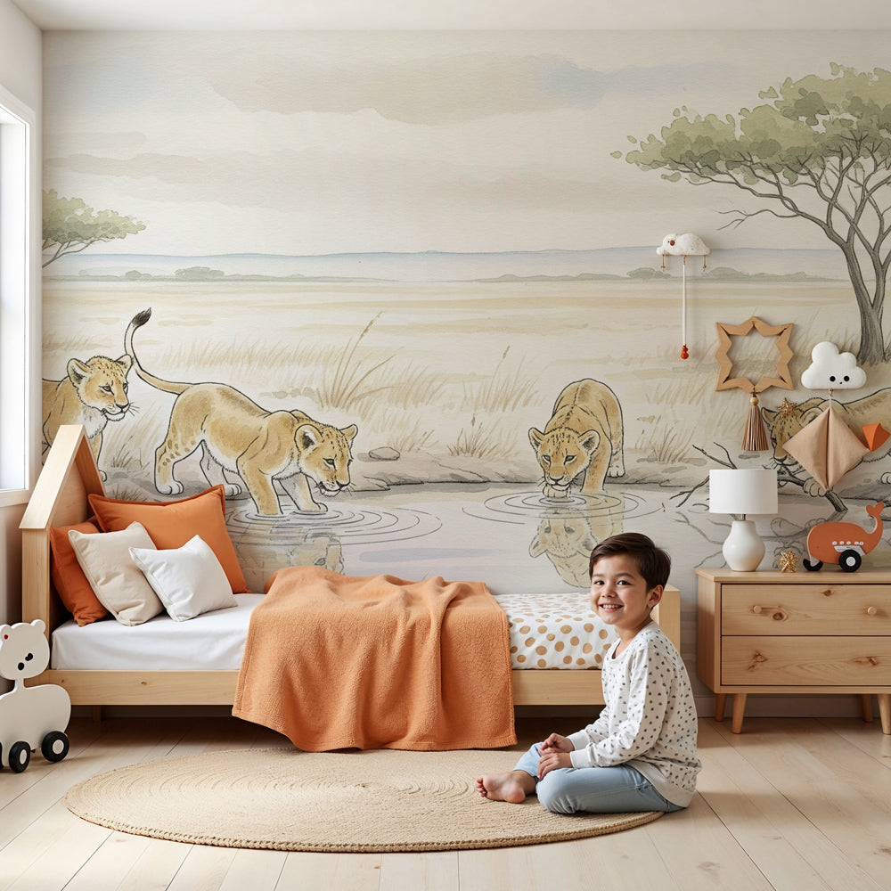Lion safari mural wallpaper creating magical nursery decor with baby lions and savanna scene by Kids-Mundo