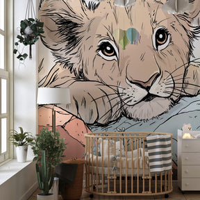 Children's lion wallpaper transforming playroom into gentle savanna adventure space
