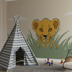 Safari animal mural wallpaper transforming children's playroom into African savanna