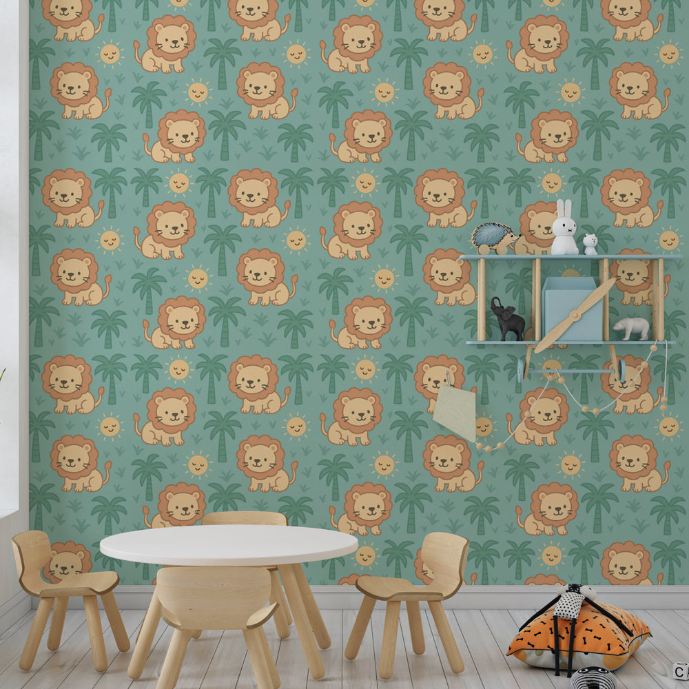 Safari animal mural wallpaper featuring cute lions in bright kids playroom setting