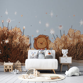 Safari themed mural wallpaper transforming children's playroom into magical wilderness