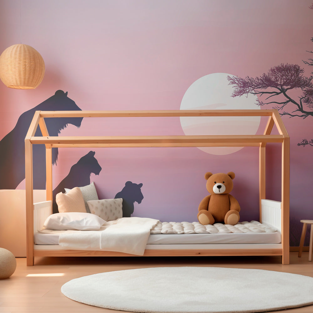 Safari themed lion mural wallpaper transforming kids playroom with sunset colors by Kids-Mundo