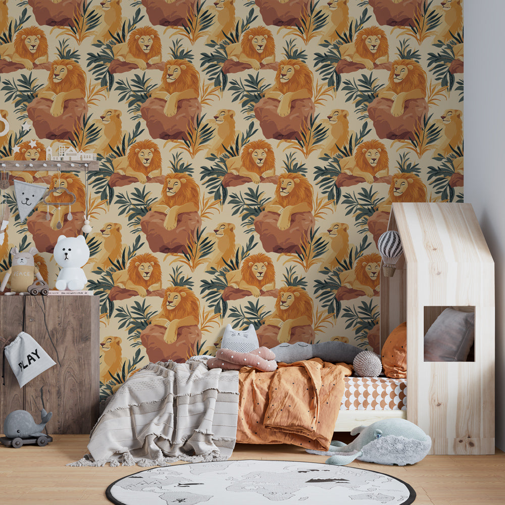 Safari themed mural wallpaper with lions and tropical foliage for children's playroom by Kids-Mundo