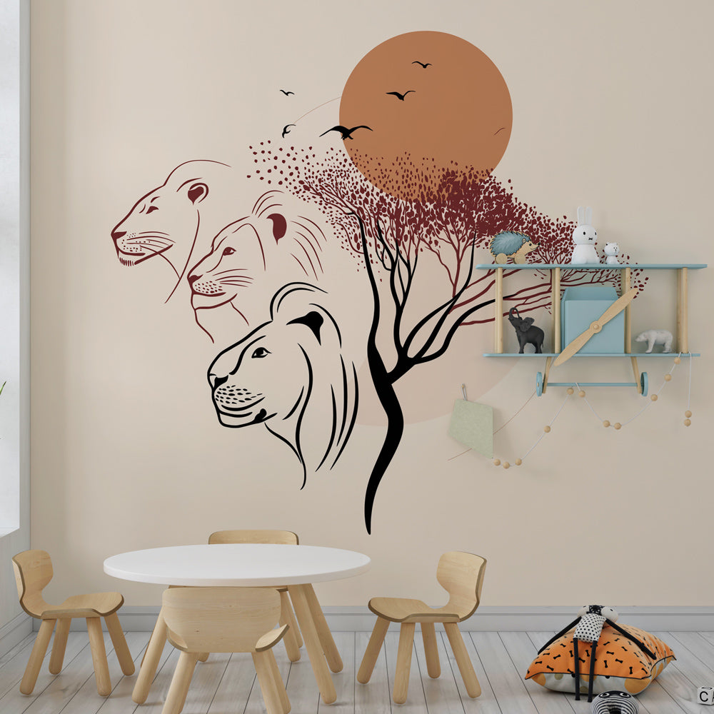 Majestic lion sunset wallpaper transforming kids playroom into safari adventure space