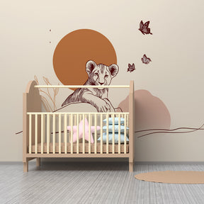Nature-themed lion mural wallpaper creating adventure atmosphere in kids playroom
