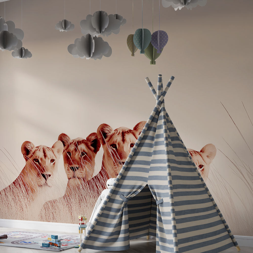 Safari themed mural wallpaper with lions in tall grass for kids playroom by Kids-Mundo