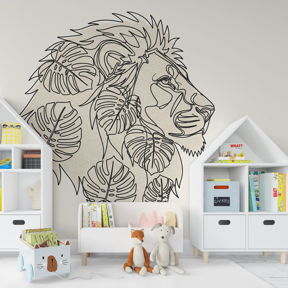 Safari themed mural wallpaper featuring majestic lion in children's playroom by Kids-Mundo