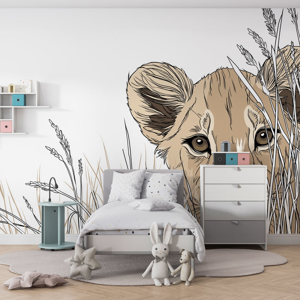 Safari themed playroom featuring gentle lion mural wallpaper for kids by Kids-Mundo