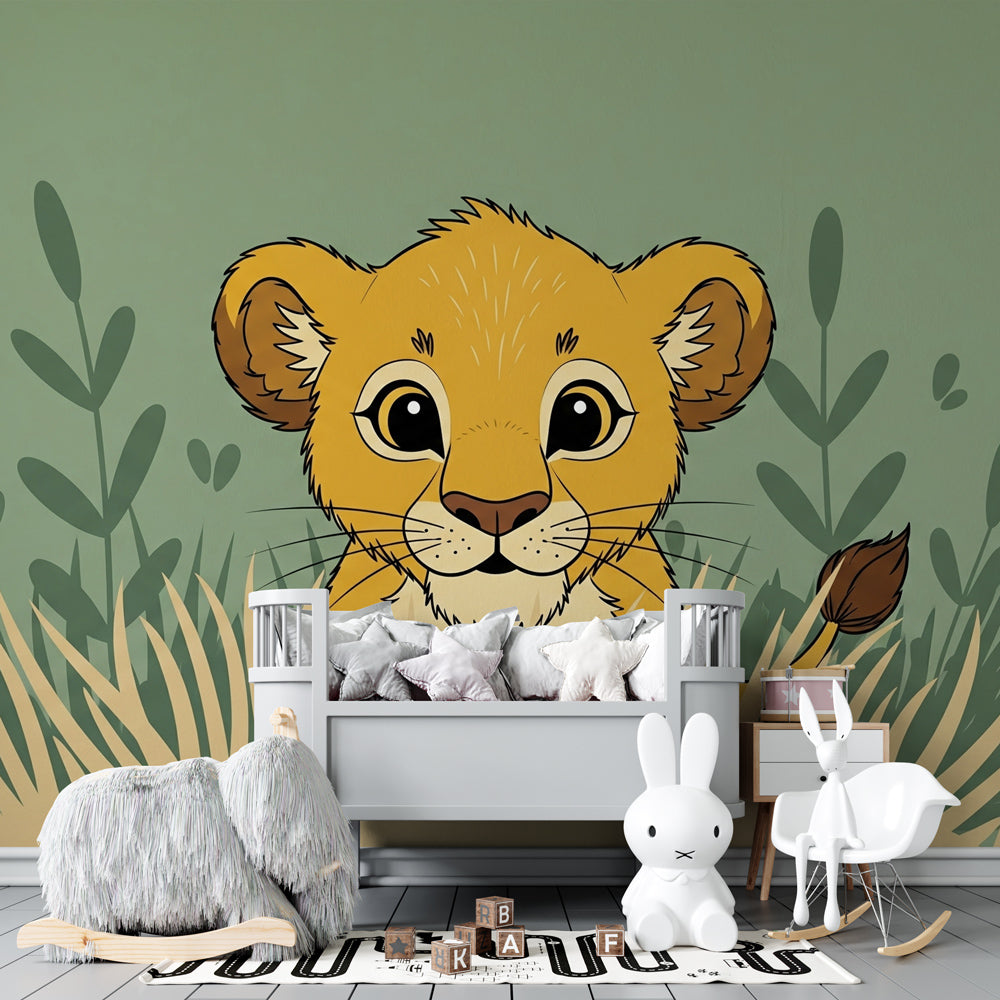 Safari animal mural wallpaper for kids playroom featuring adorable lion cub in natural setting by Kids-Mundo