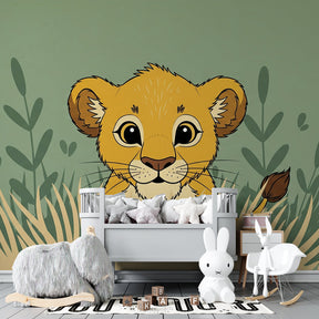 Safari animal mural wallpaper for kids playroom featuring adorable lion cub in natural setting by Kids-Mundo