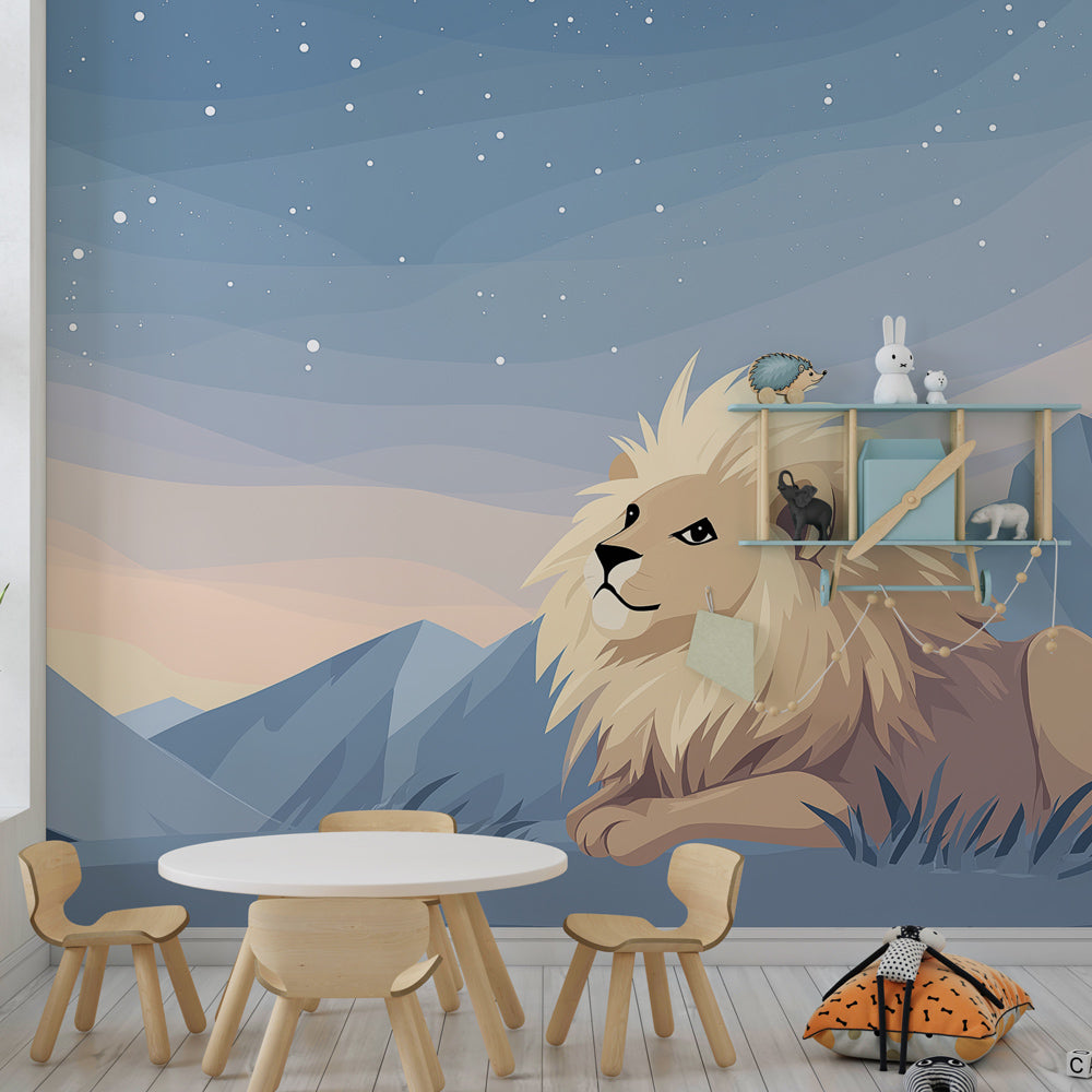 Kids-Mundo majestic lion wall mural behind a bed in a starry kids bedroom.