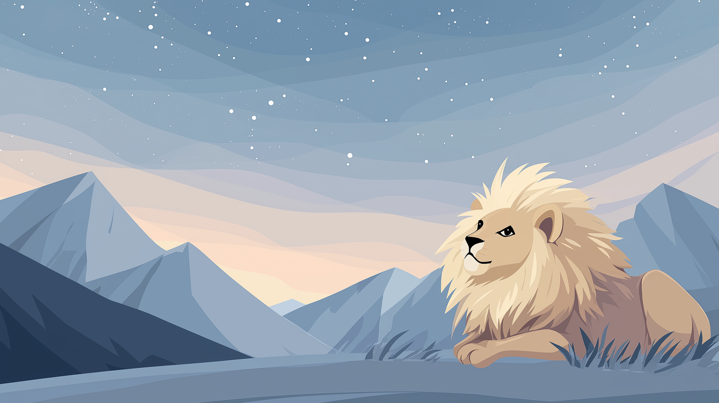 Kids-Mundo flat artwork of a golden lion resting beneath a starry mountain sky.