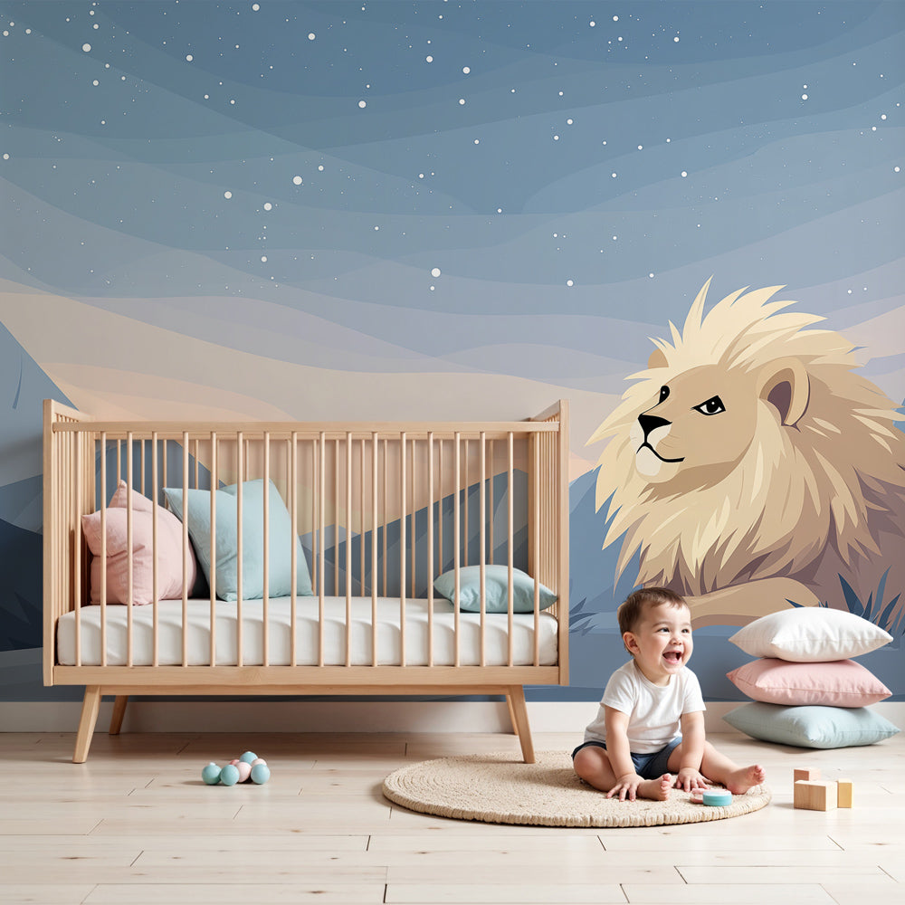 Kids-Mundo lion wall mural styled in a calm nursery with a starry night theme.