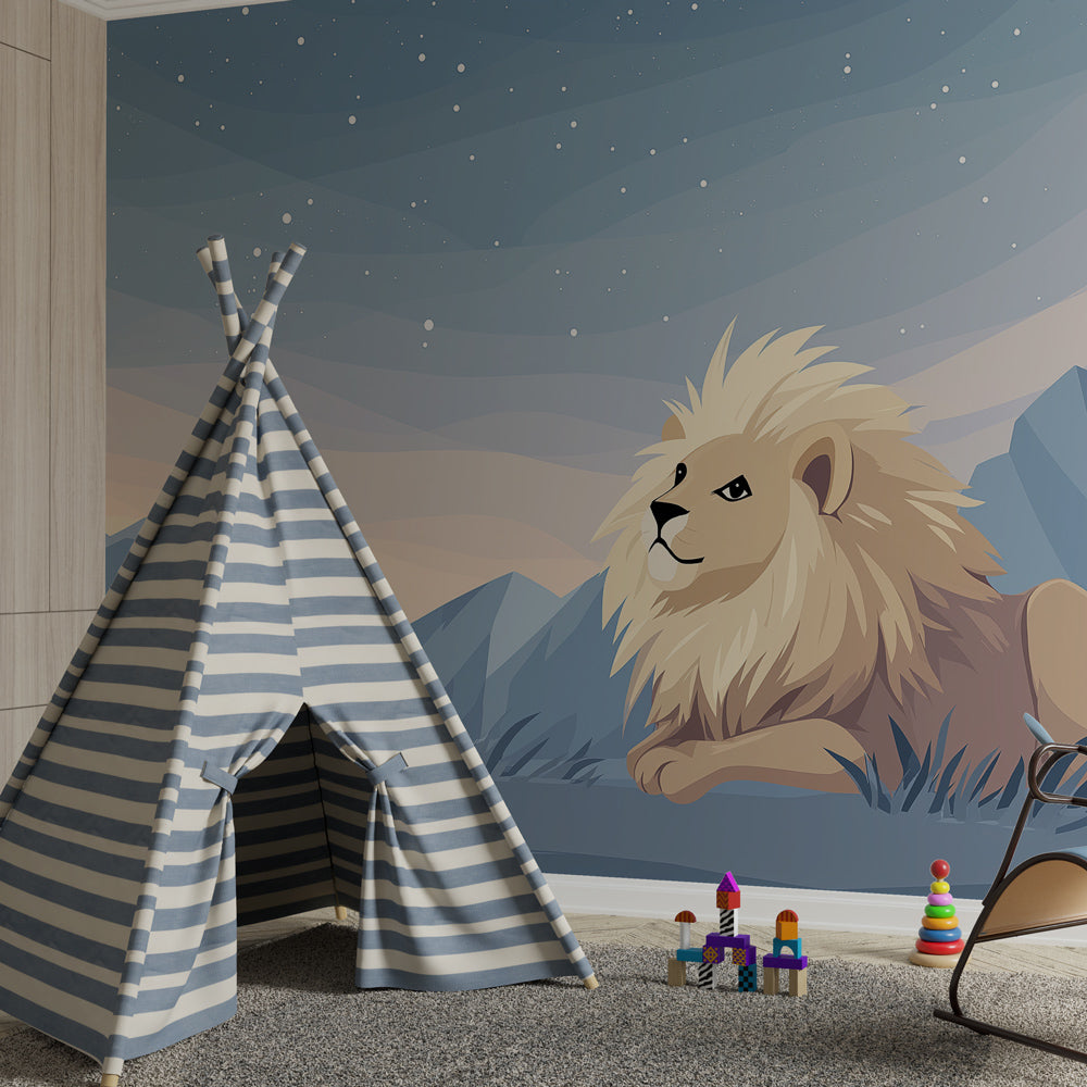 Kids-Mundo lion and mountain wall mural adding calm wonder to a playroom wall.